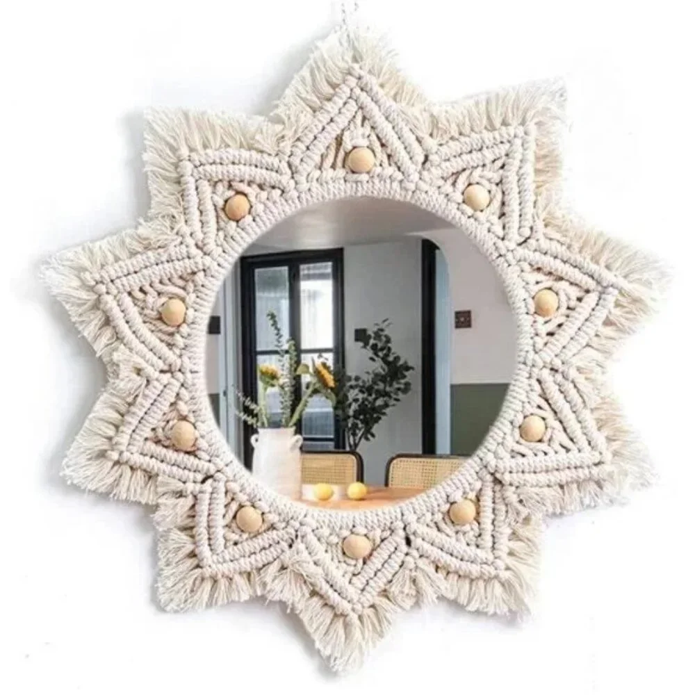 Boho Wall Decor Mirror Macrame Circle Hanging Mirror for Bedroom Living Room